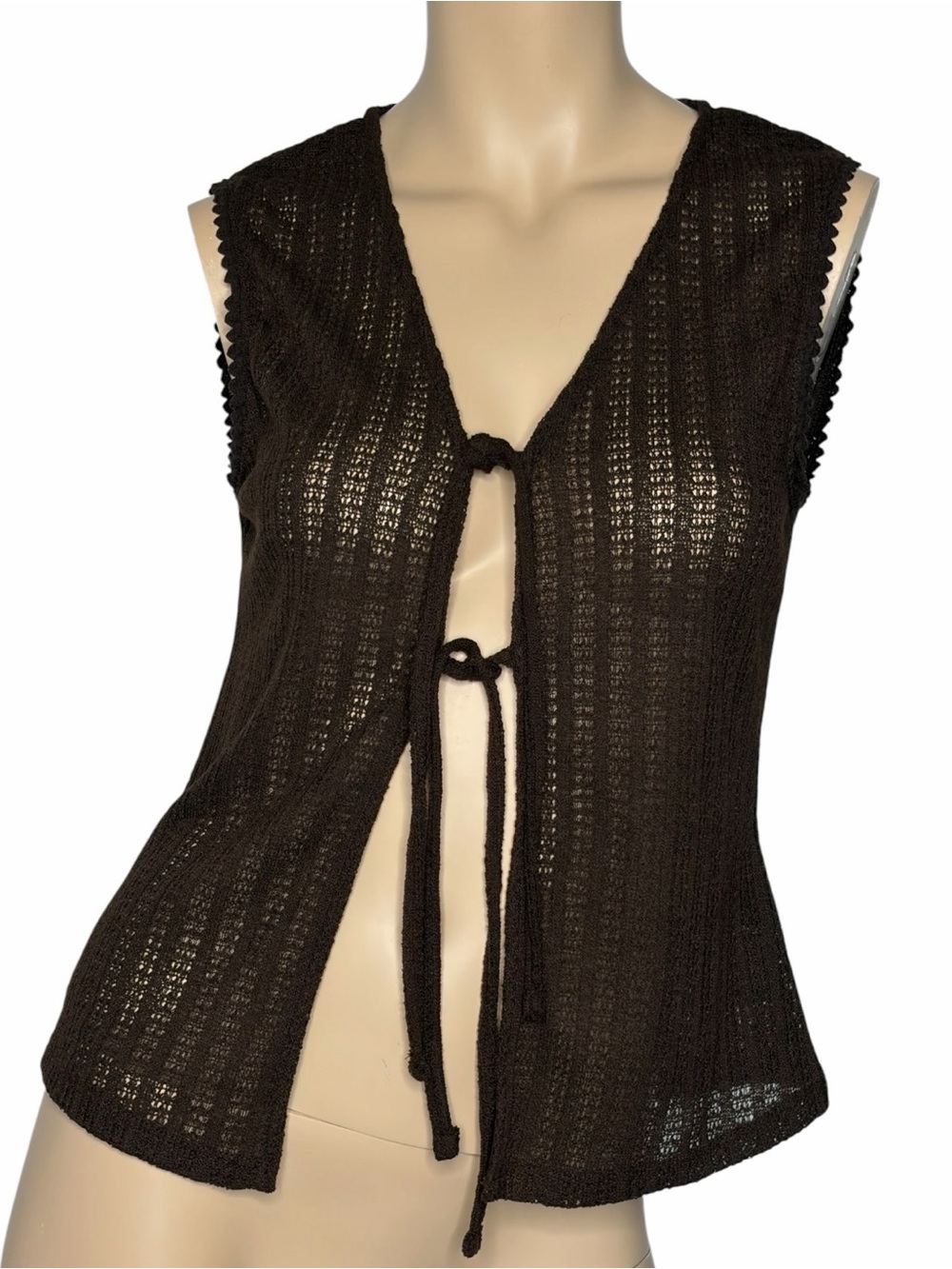 H&M Vest Top Brown Sheer Knit Tie Open Front V Neck Boho Sleeveless Size Medium